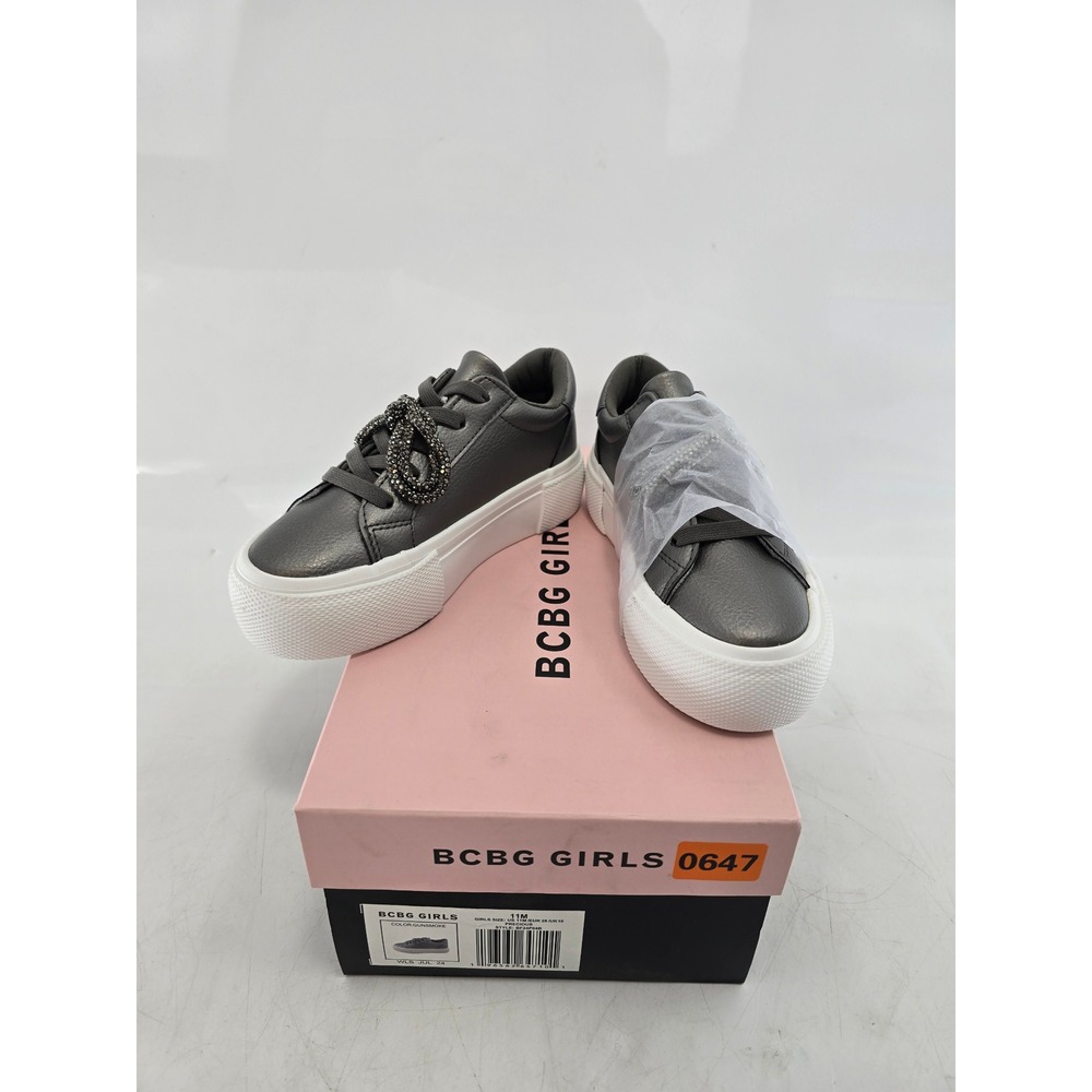 BCBG Girls Precious Platform Sneakers Girls 11M Gunsmoke Rhinestone Bow - New